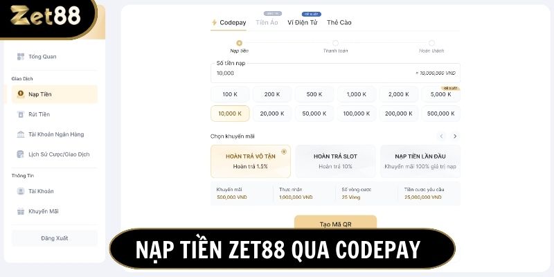 Nạp tiền Zet88 qua Codepay tiện lợi, đảm bảo an toàn, bảo mật cho người chơi