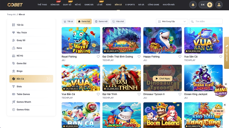 Bắn cá đổi thưởng trên COBET đa dạng các thể loại