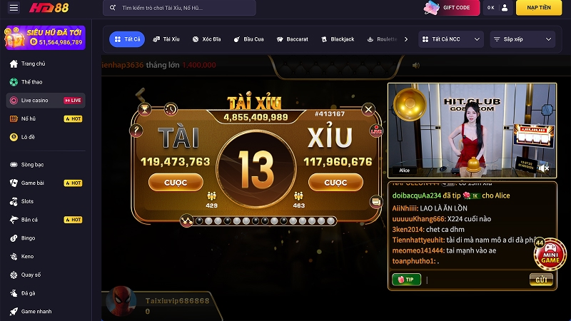 Giao diện đặt Tài Xỉu HD88 sống động dù là PC hay mobile 